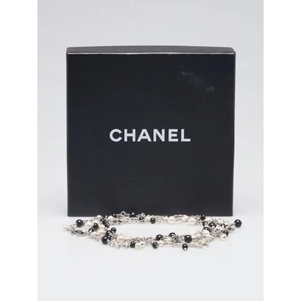 Chanel Silver-tone Beaded Faux Pearl Interlocking CC Long Necklace